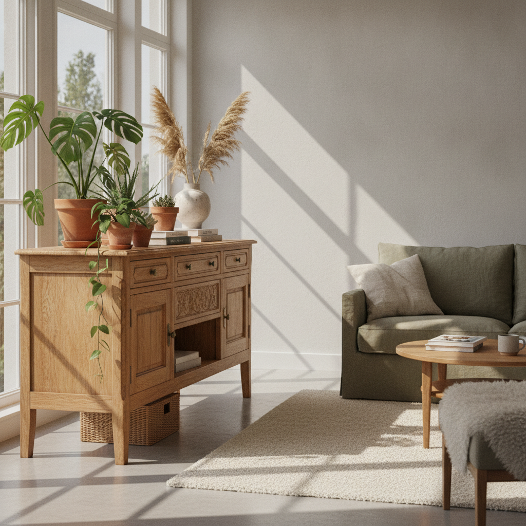 Vintage houten dressoir met planten in natuurlijk licht